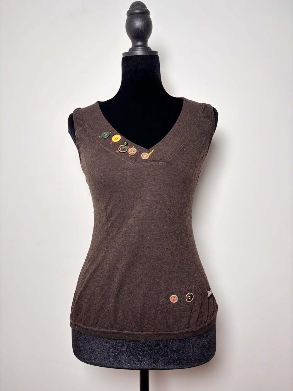 Vtg Y2K Miss Sixty Brown Wool Sleeveless Tank Mixed Color Button Detail V Neck